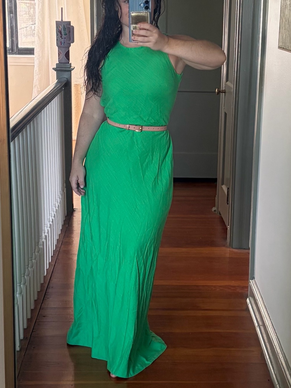 Backless green linen Maxi Dress